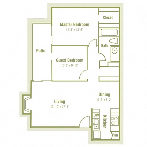 2D photo of B1 floor plan with one bedroom and a den, and one bathroom, at Westdale Parke Apartments in Austin, TX